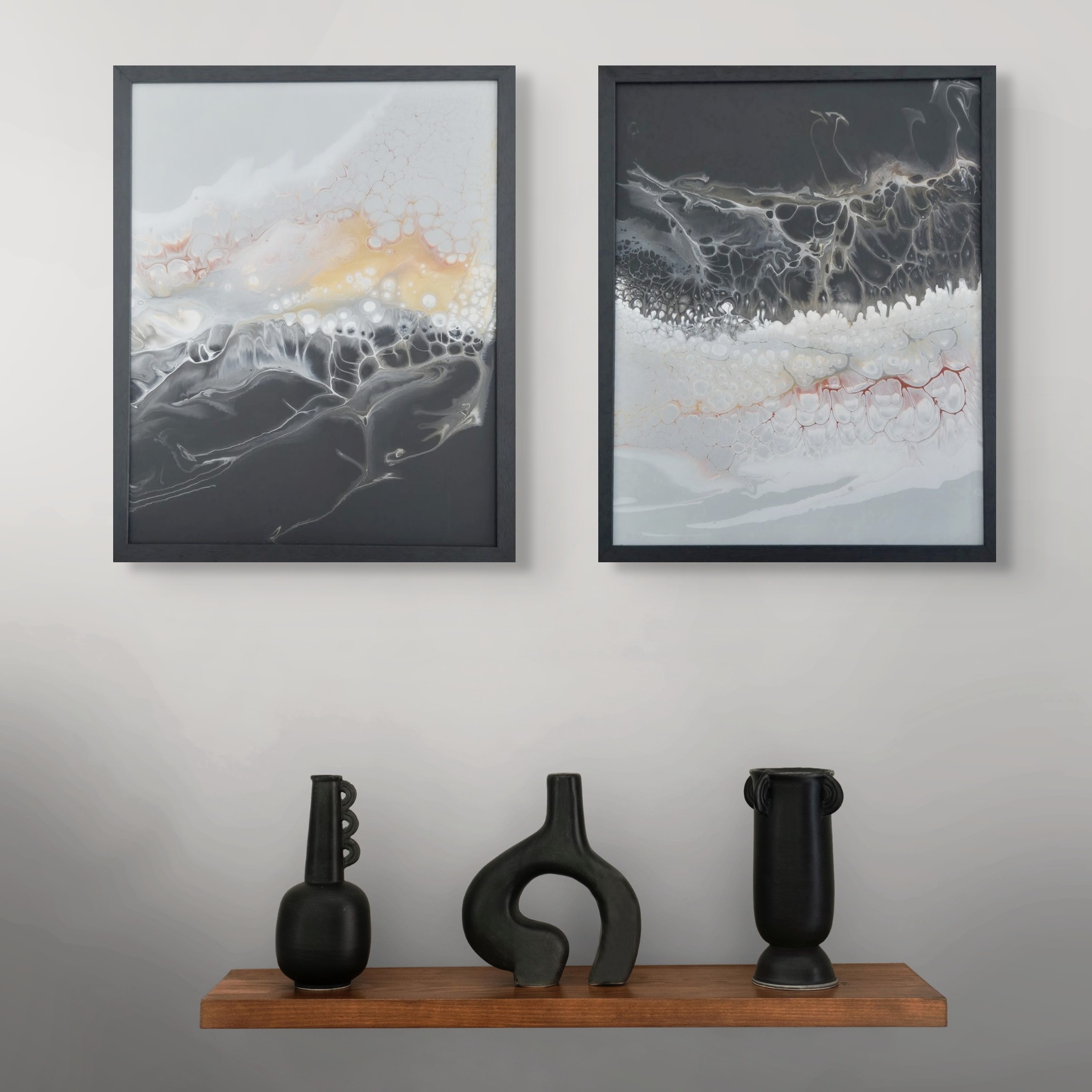 Moody Tides diptych, fluid art